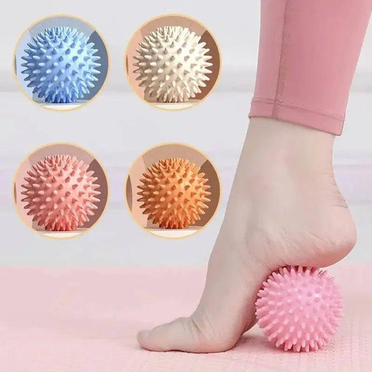 Pink spiky foot massage ball for plantar fasciitis relief, shown with foot on pink mat, 4 color options