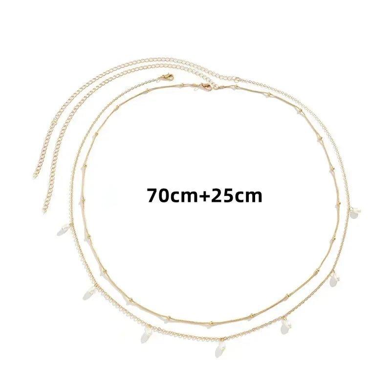 Gold layered necklace with pearl drops, 70cm + 25cm extender, women's fashion jewelry
