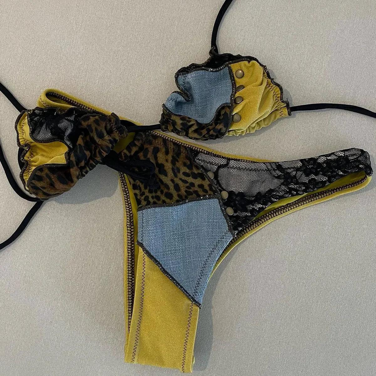 Patchwork Swimsuit Print Bikini Swimwear Swimsuit Women Separates Bead Swimwear Two Piece Side Straps Swimsuit Bathing Suit - Womans Fashion