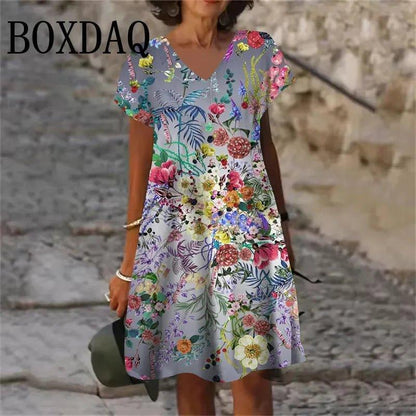 Floral print women's V-neck summer dress with short sleeves, perfect for casual fashion