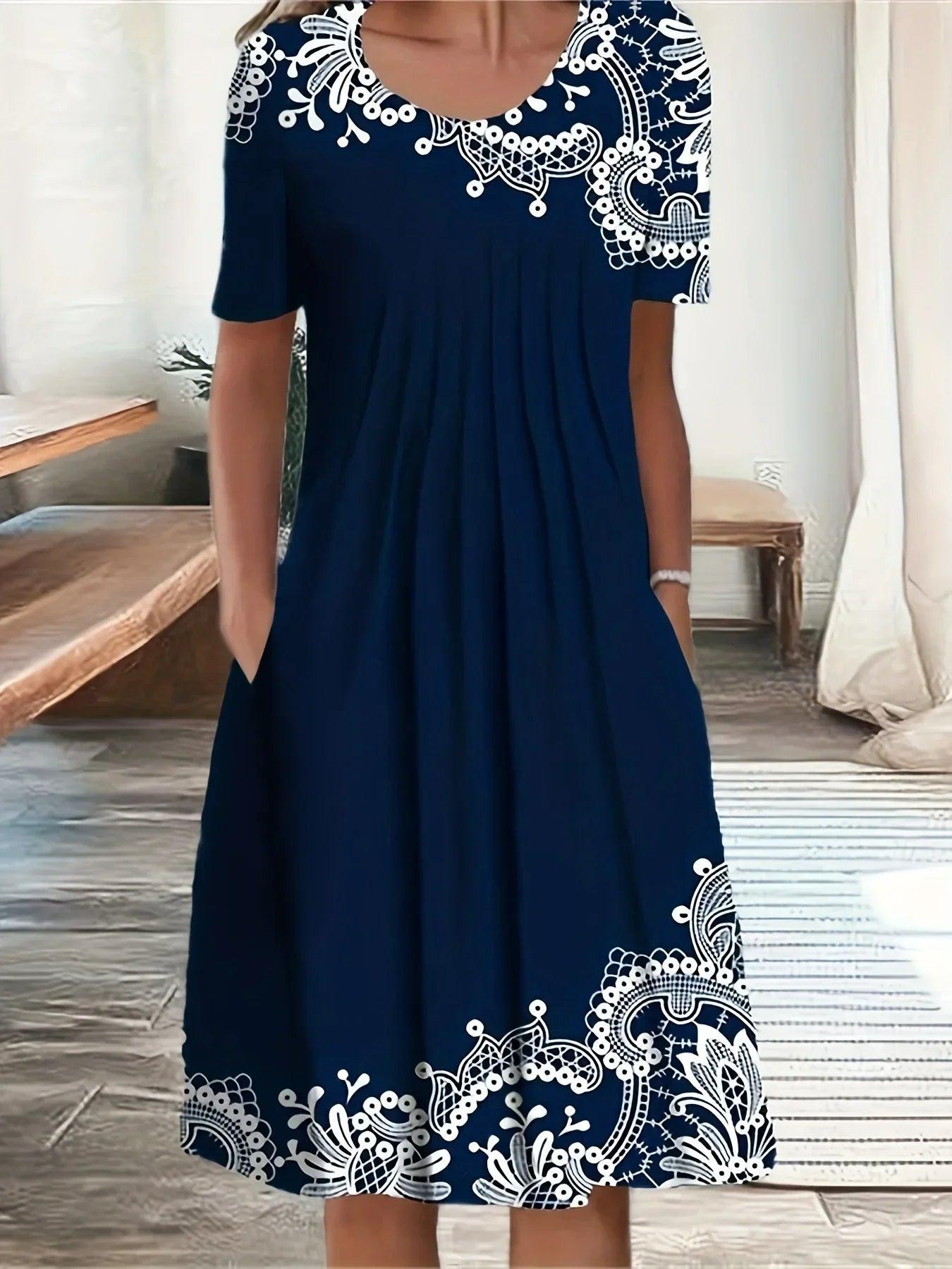 Navy blue women's dress with white lace embroidery, short sleeves, and pockets, perfect for casual fashion.