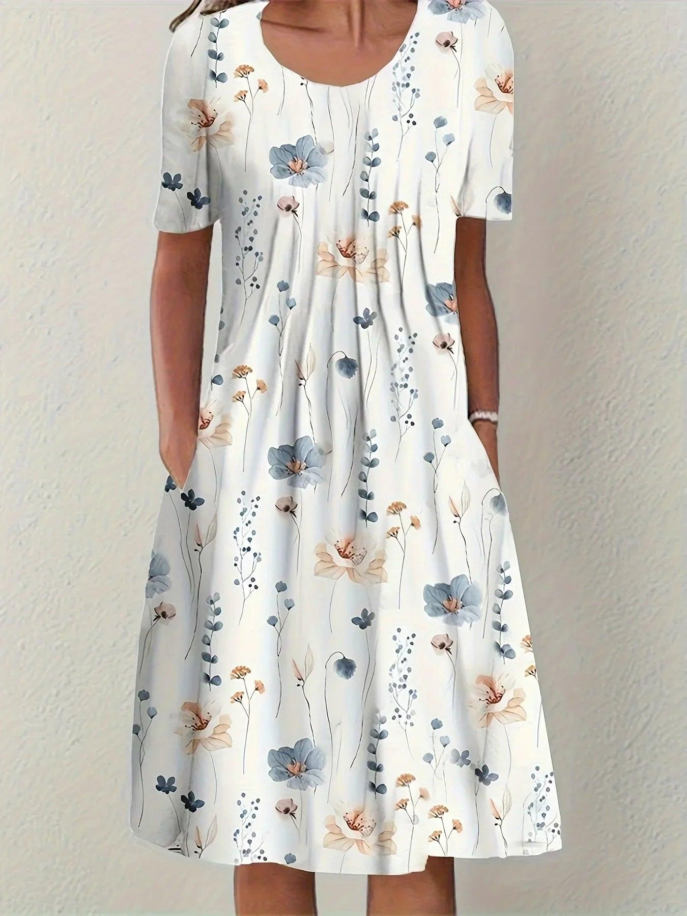 White floral print women's dress with short sleeves and round neckline, perfect for spring fashion