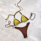 Green and brown tie-side bikini set with beaded straps, women's fashion swimwear