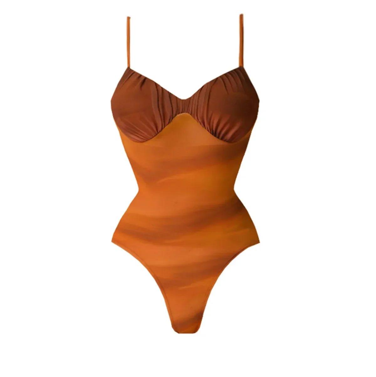 Rust-colored one-piece swimsuit with ruched bust and thin straps, women's beachwear fashion