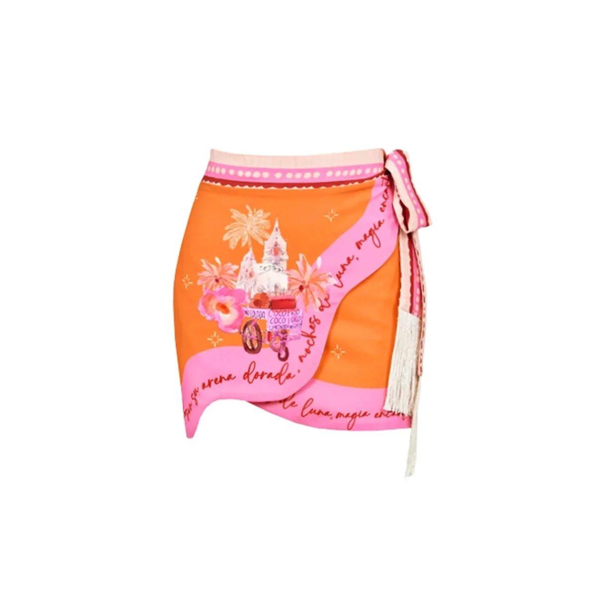 Orange and pink wrap mini skirt with castle print, floral details, and tassel tie for women's fashion