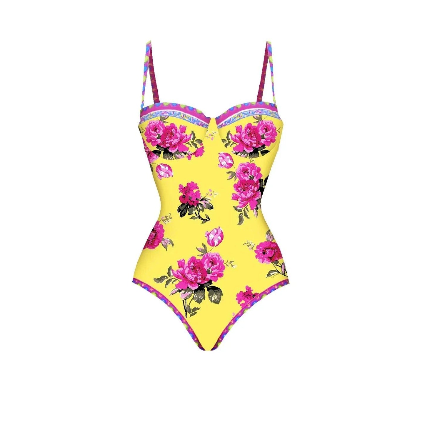 Yellow floral one-piece swimsuit with pink peonies and colorful straps, women's fashion swimwear