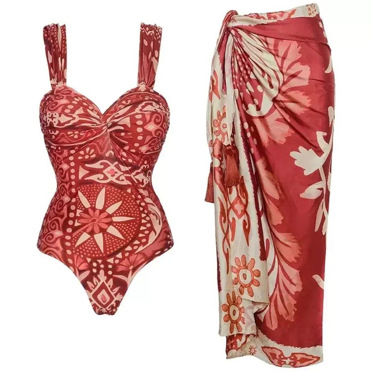 Red floral one-piece swimsuit with matching sarong wrap, women's beachwear fashion set