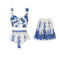 Blue floral print women's bikini set with matching skirt, stylish swimwear for summer fashion