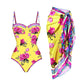 Yellow floral one-piece swimsuit with matching sarong wrap, vibrant pink peony print, beach fashion set