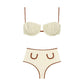 Cream ruched bikini set with brown trim, high-waisted bottoms, women's fashion swimwear