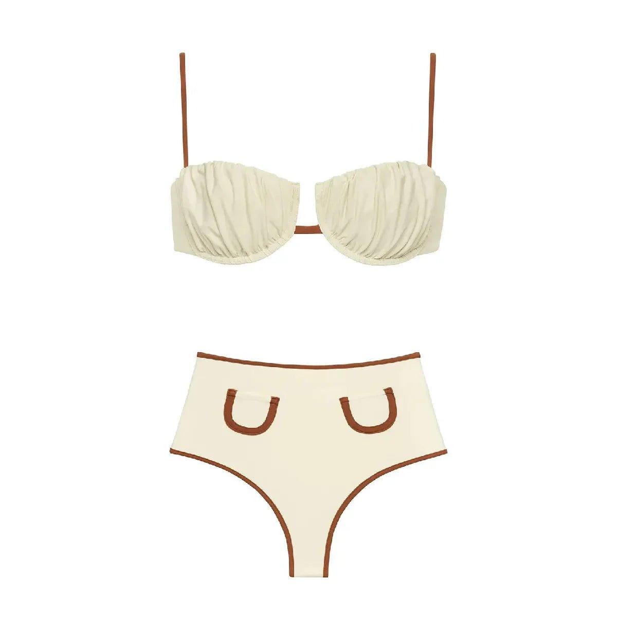Cream ruched bikini set with brown trim, high-waisted bottoms, women's fashion swimwear