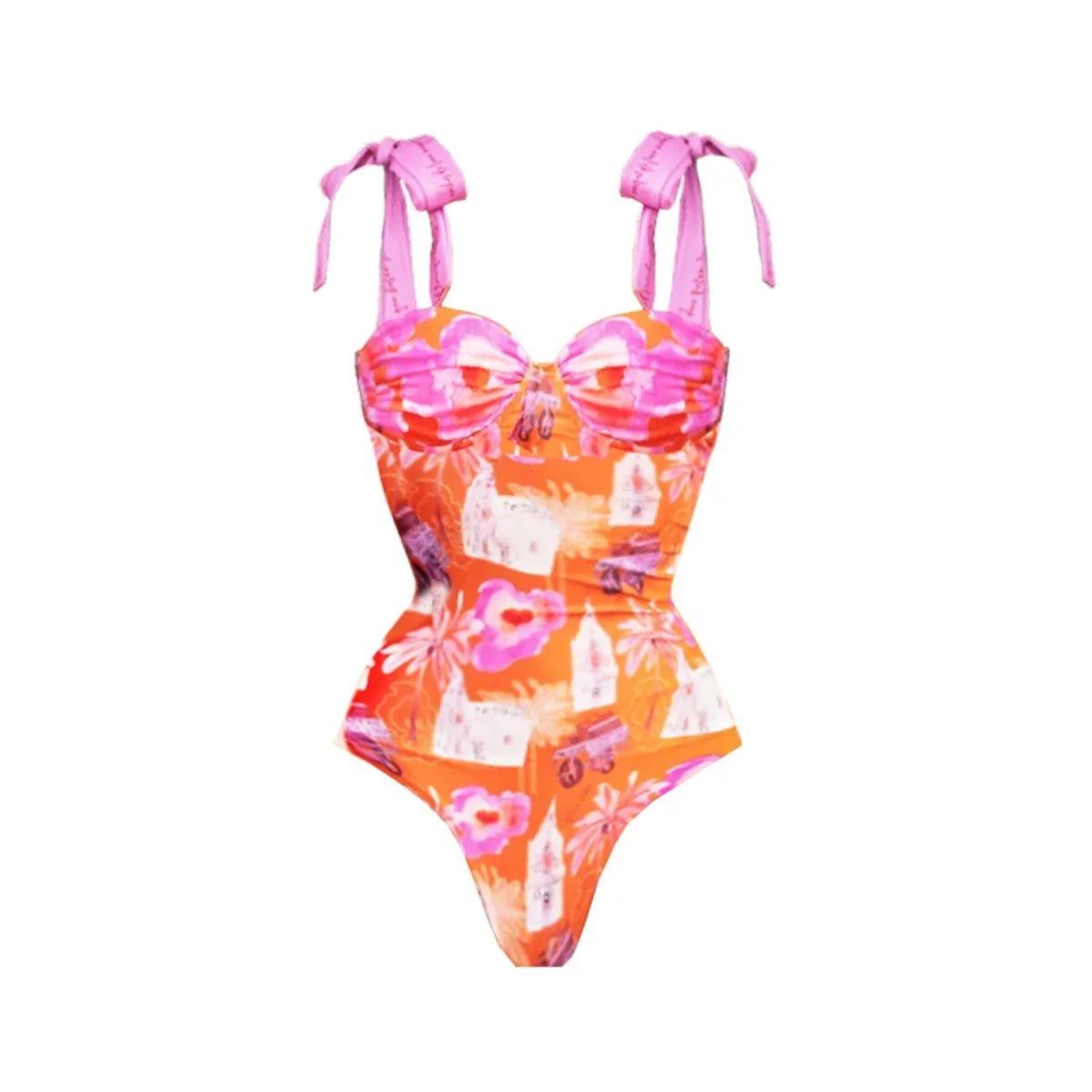 Orange floral one-piece swimsuit with pink tie straps, women's fashion beachwear