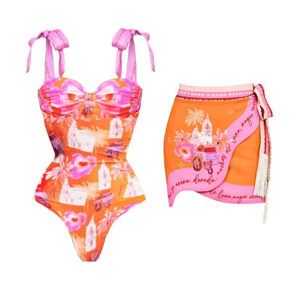 Vibrant orange and pink floral one-piece swimsuit with matching wrap skirt, perfect for beach fashion