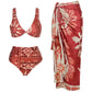 Red floral bikini set with matching sarong wrap, women's beachwear fashion