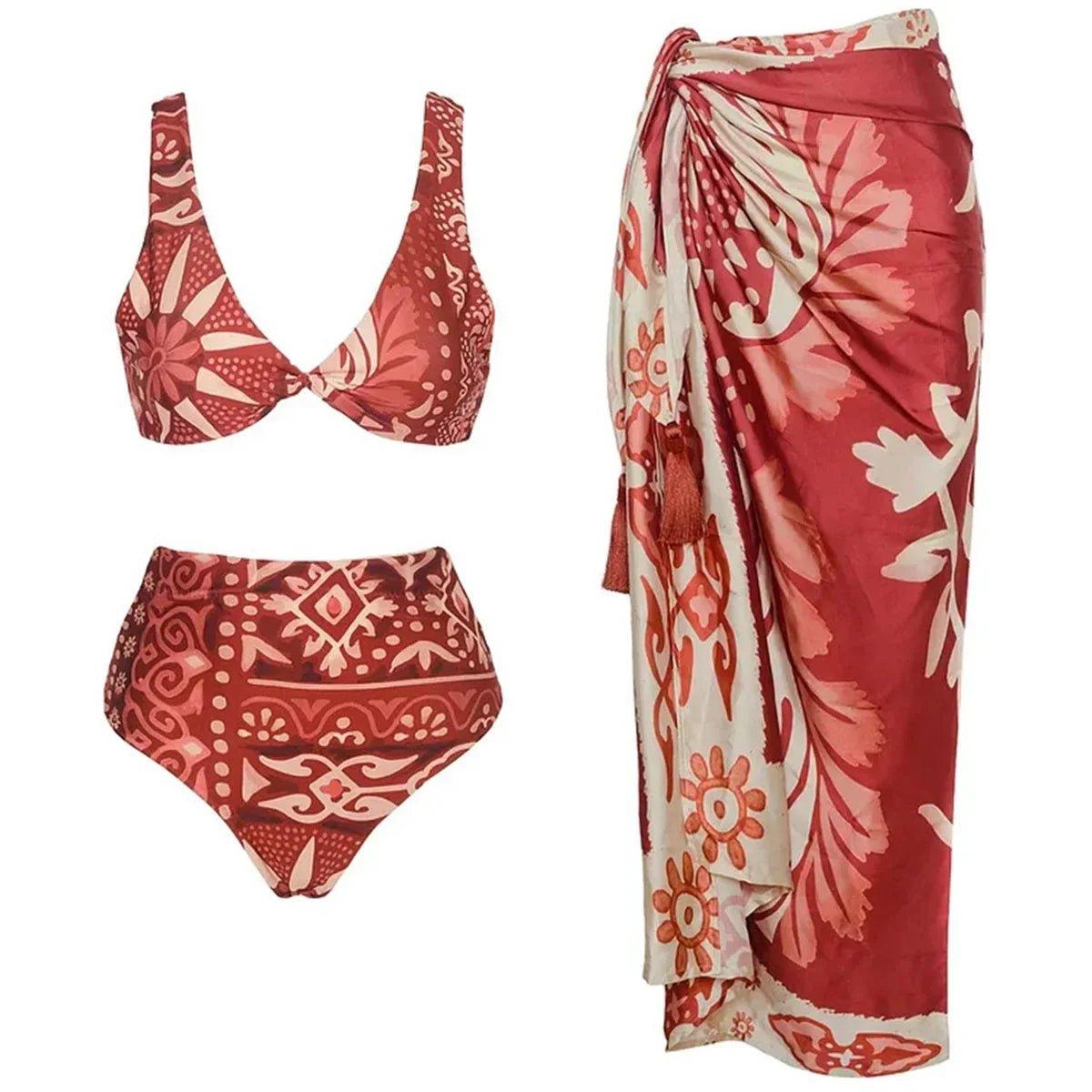 Red floral bikini set with matching sarong wrap, women's beachwear fashion