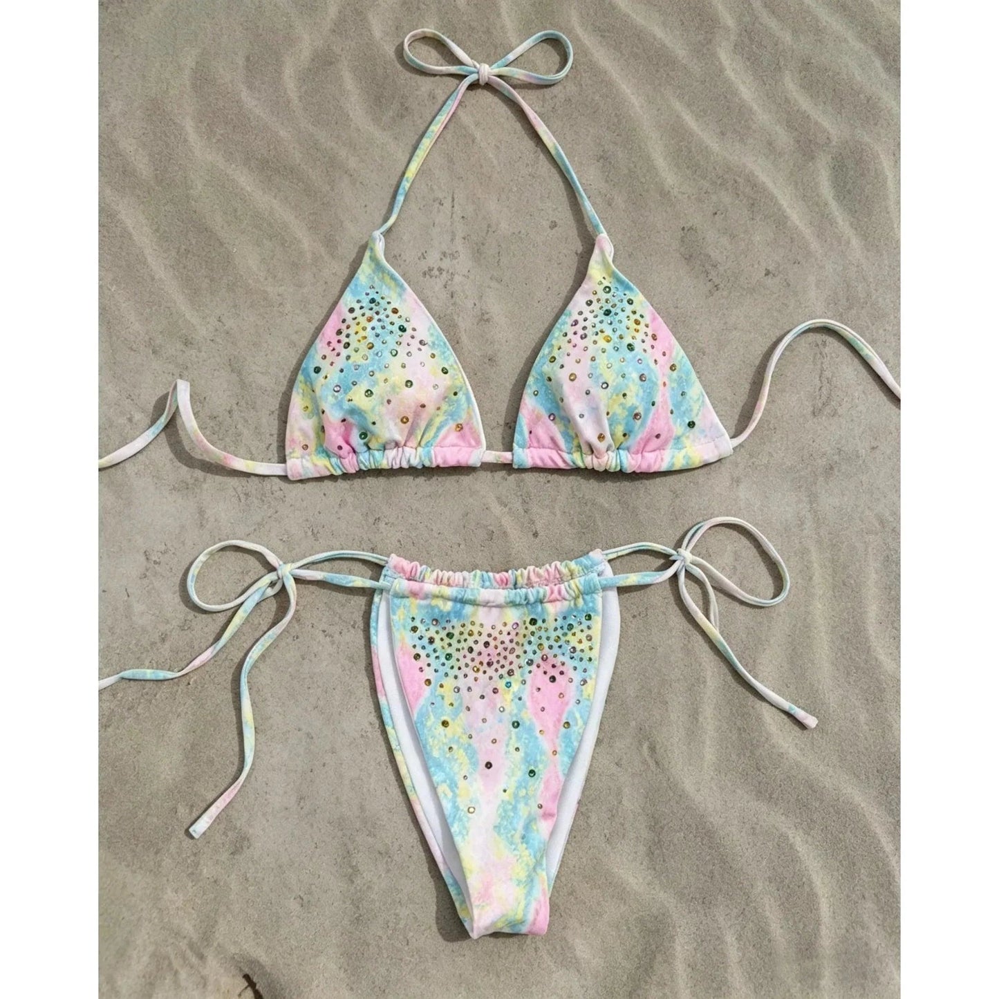 Rhinestones Swimsuit Bikini Swimwear Swimsuit Women Separates Swimwear Two Piece Side Straps Swimsuit Bathing Suit - Womans Fashion
