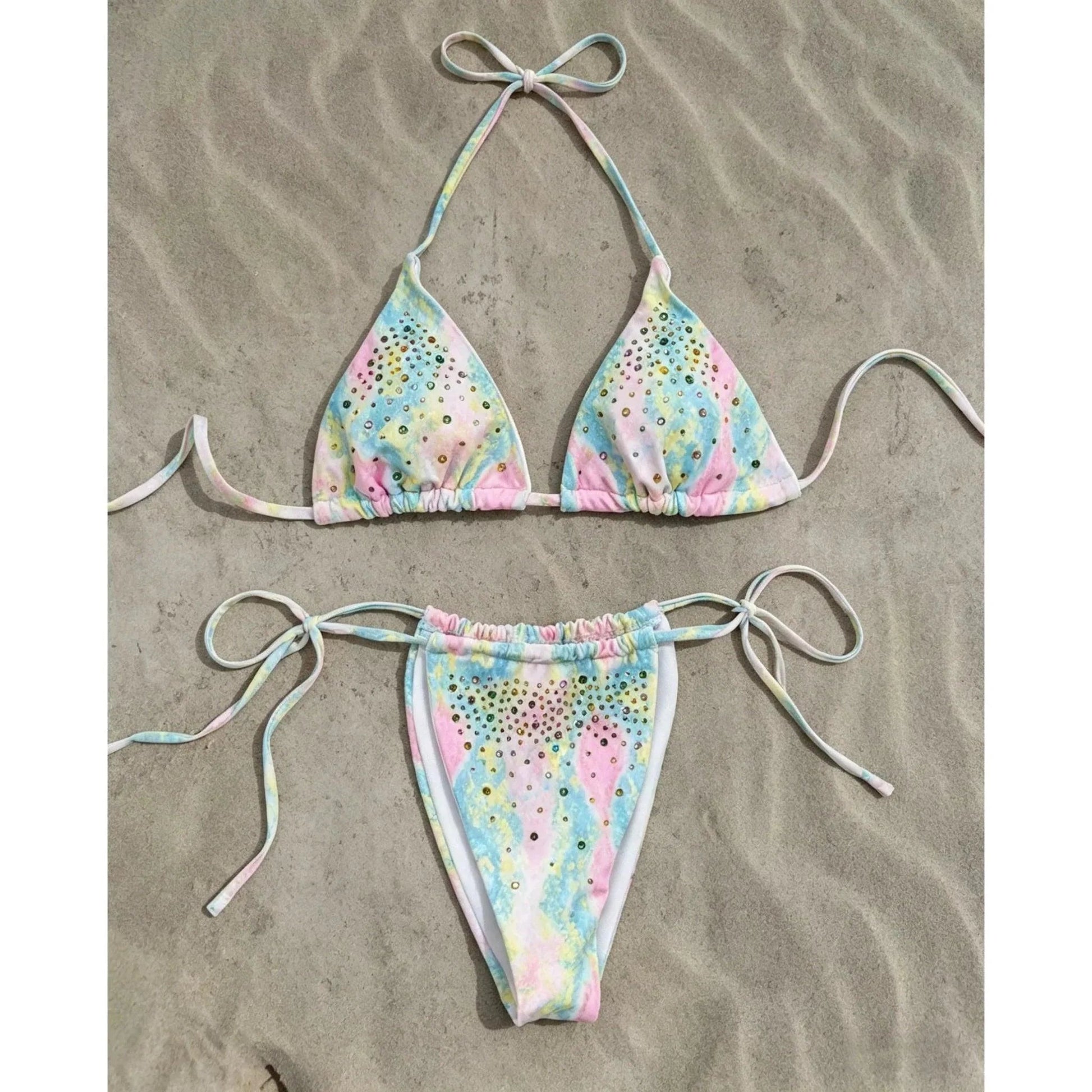 Rhinestones Swimsuit Bikini Swimwear Swimsuit Women Separates Swimwear Two Piece Side Straps Swimsuit Bathing Suit - Womans Fashion