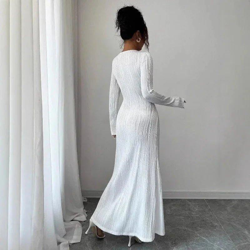White long-sleeve pleated maxi dress for women, elegant fashion outfit with high heels