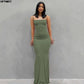 Olive green spaghetti strap maxi dress for women, stylish and form-fitting, perfect for fashion lovers