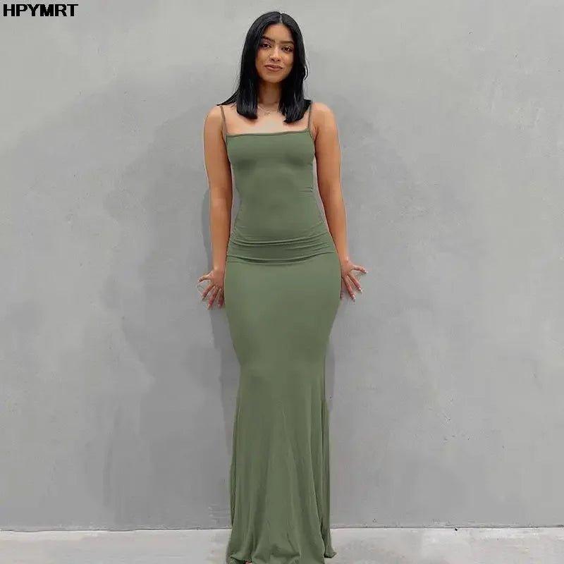 Olive green spaghetti strap maxi dress for women, stylish and form-fitting, perfect for fashion lovers