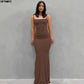 Brown spaghetti strap maxi dress for women, elegant and form-fitting, perfect for fashion events