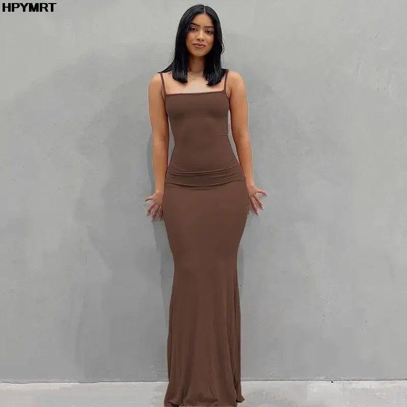 Brown spaghetti strap maxi dress for women, elegant and form-fitting, perfect for fashion events