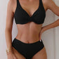 Black ribbed bikini set with twist front top and high-waisted bottoms, women's swimwear fashion