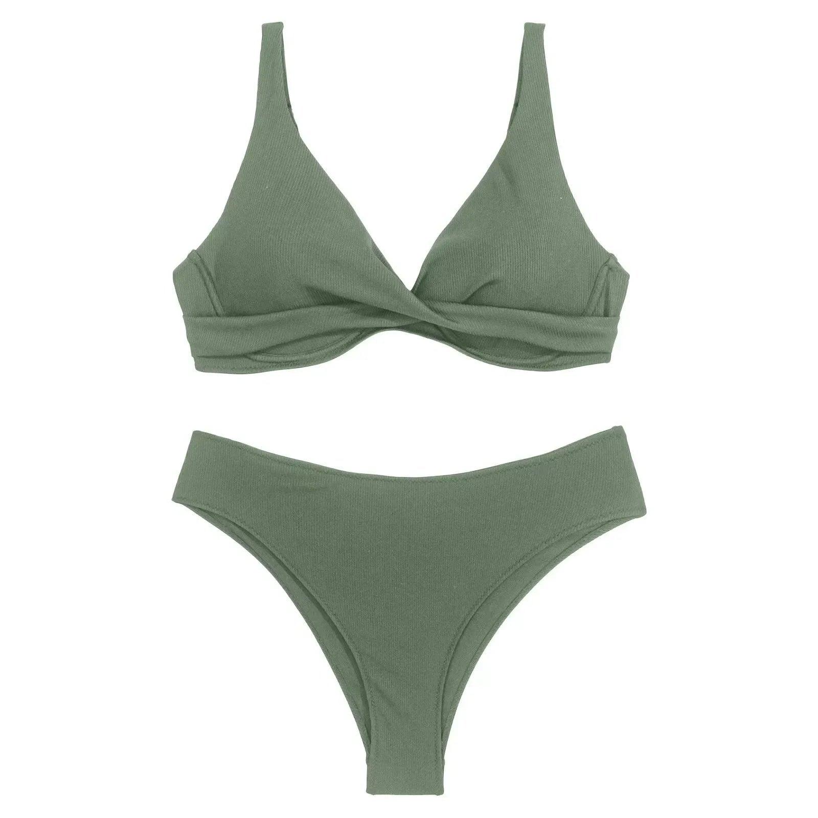 Olive green ribbed bikini set with twist front top and high-cut bottoms, women's fashion swimwear