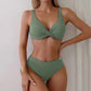 Sage green ribbed bikini set with twist front top and high-waisted bottoms for women's fashion