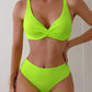 Neon green ribbed bikini set with crisscross top and high-waisted bottoms, women's fashion swimwear