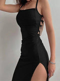 Black ribbed midi dress with side slit and lace-up back, women's fashion