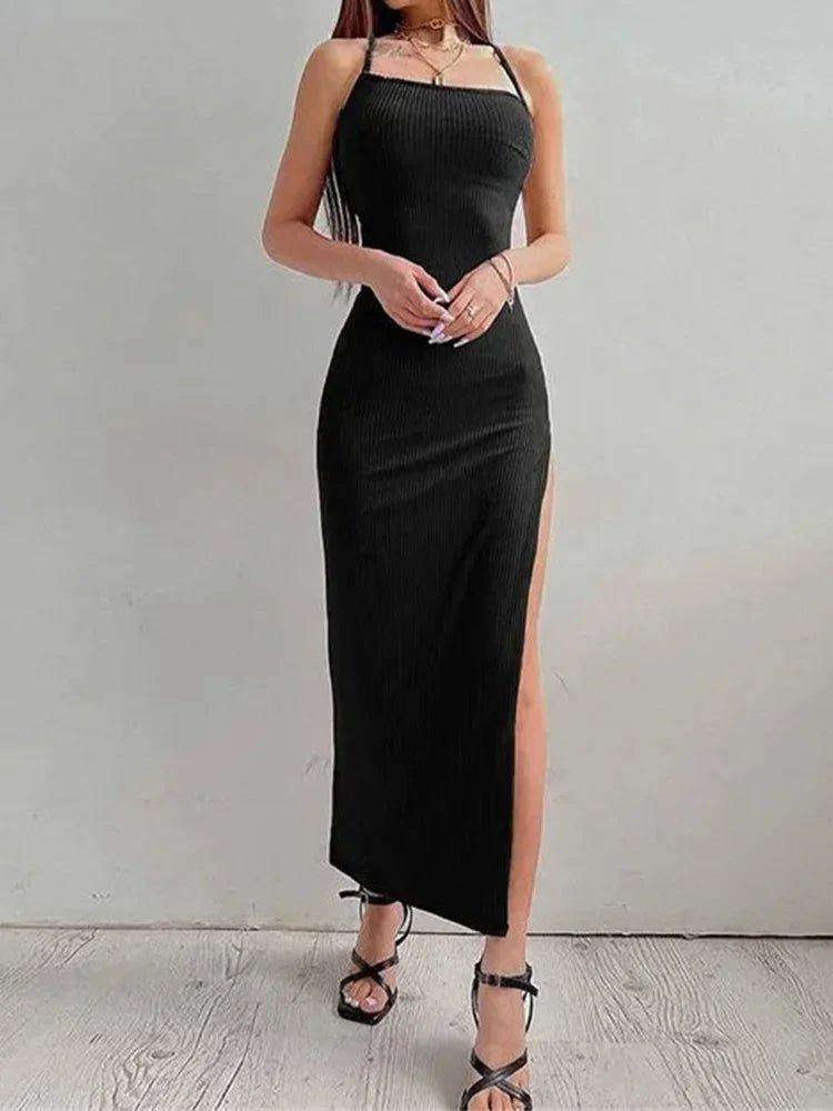 Black ribbed halter neck maxi dress with side slit, women's fashion