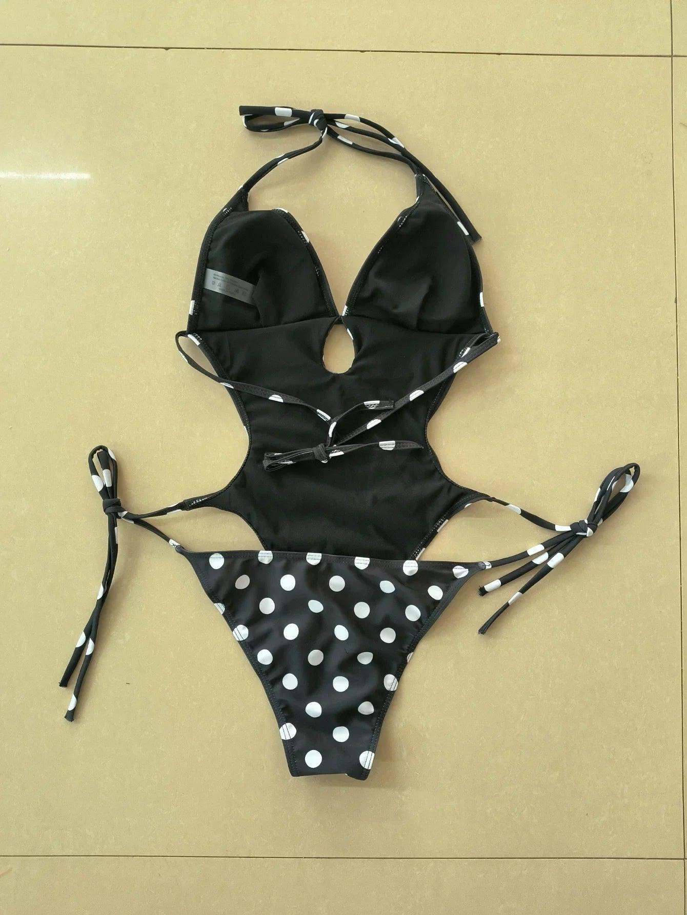 Black and white polka dot bikini with halter top and tie-side bottoms, women's fashion swimwear