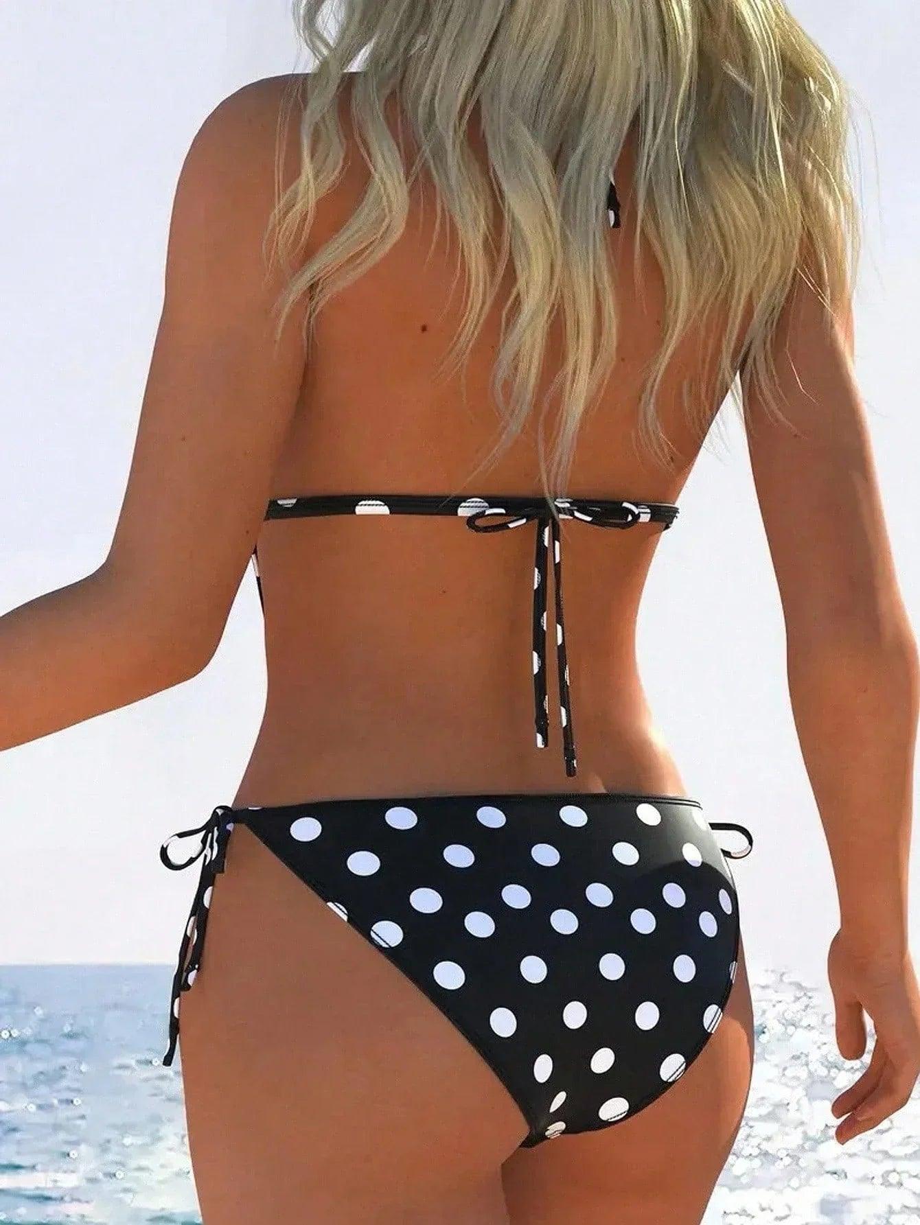 Black and white polka dot bikini with tie sides, beach fashion for women