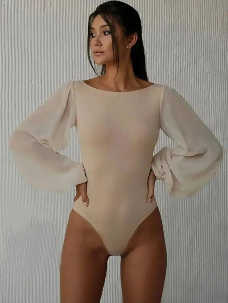 Beige long sleeve bodysuit with puffed sleeves, women's fashion