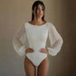 White long sleeve bodysuit with sheer puff sleeves, women's fashion