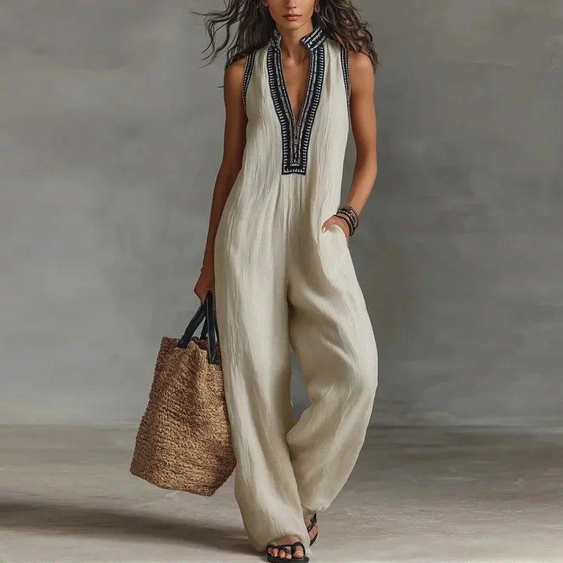 Sexy Deep V Neck Hollow Women's Jumpsuits Vintage Printed High Waist Slim Office Romper Spring Summer Sleeveless Pocket Overalls - Womans Fashion