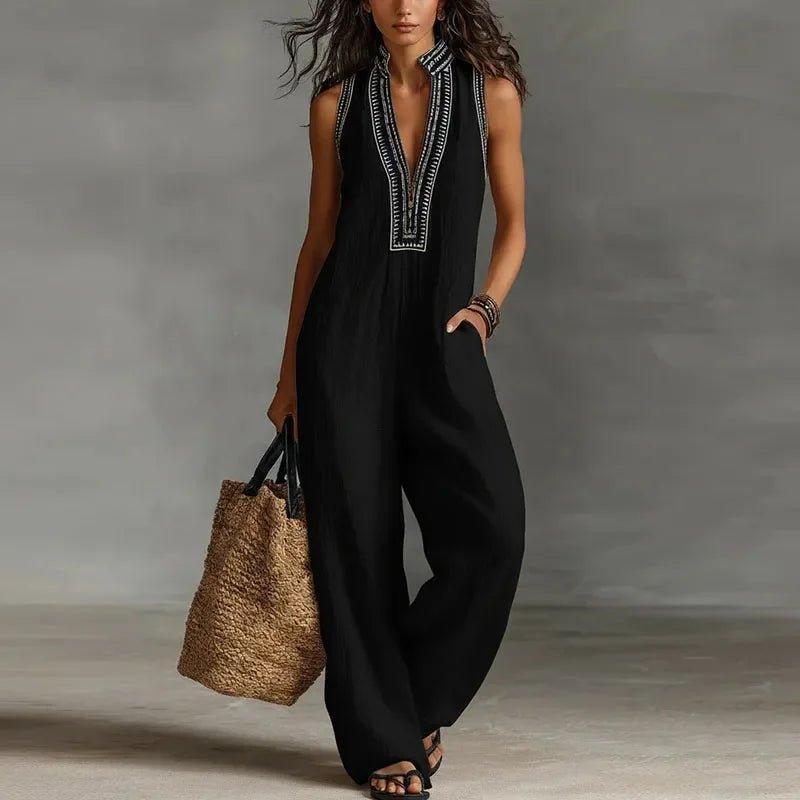 Sexy Deep V Neck Hollow Women's Jumpsuits Vintage Printed High Waist Slim Office Romper Spring Summer Sleeveless Pocket Overalls - Womans Fashion