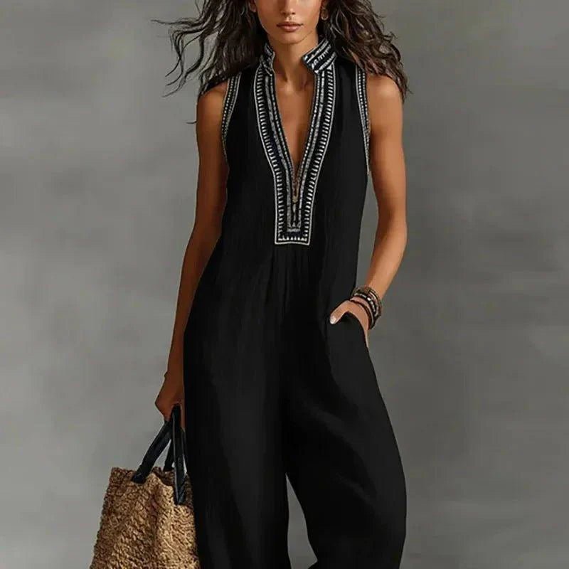 Sexy Deep V Neck Hollow Women's Jumpsuits Vintage Printed High Waist Slim Office Romper Spring Summer Sleeveless Pocket Overalls - Womans Fashion