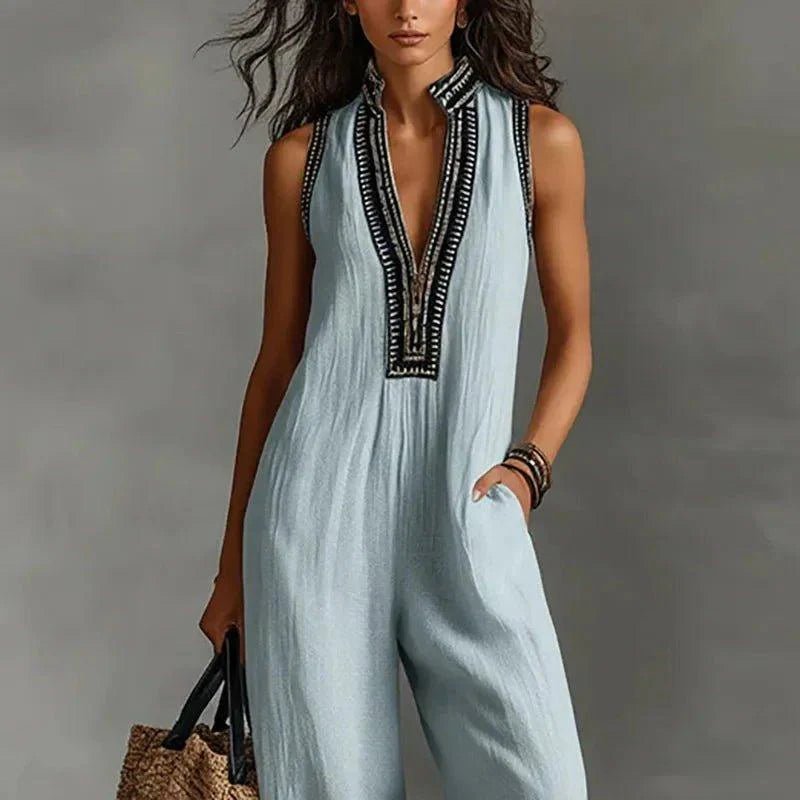 Sexy Deep V Neck Hollow Women's Jumpsuits Vintage Printed High Waist Slim Office Romper Spring Summer Sleeveless Pocket Overalls - Womans Fashion