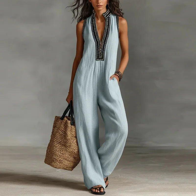 Sexy Deep V Neck Hollow Women's Jumpsuits Vintage Printed High Waist Slim Office Romper Spring Summer Sleeveless Pocket Overalls - Womans Fashion