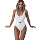 White ribbed one-piece swimsuit with belt, women's fashion swimwear