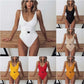 Women's ribbed one-piece swimsuits in white, black, beige, yellow, red, and orange with belt detail