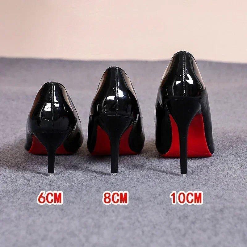 Black patent leather stilettos with red soles in 6cm, 8cm, 10cm heights for women’s fashion