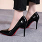 Black patent leather stiletto heels with red soles, women's fashion footwear