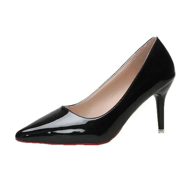 Black patent leather pointed toe high heels for women's fashion