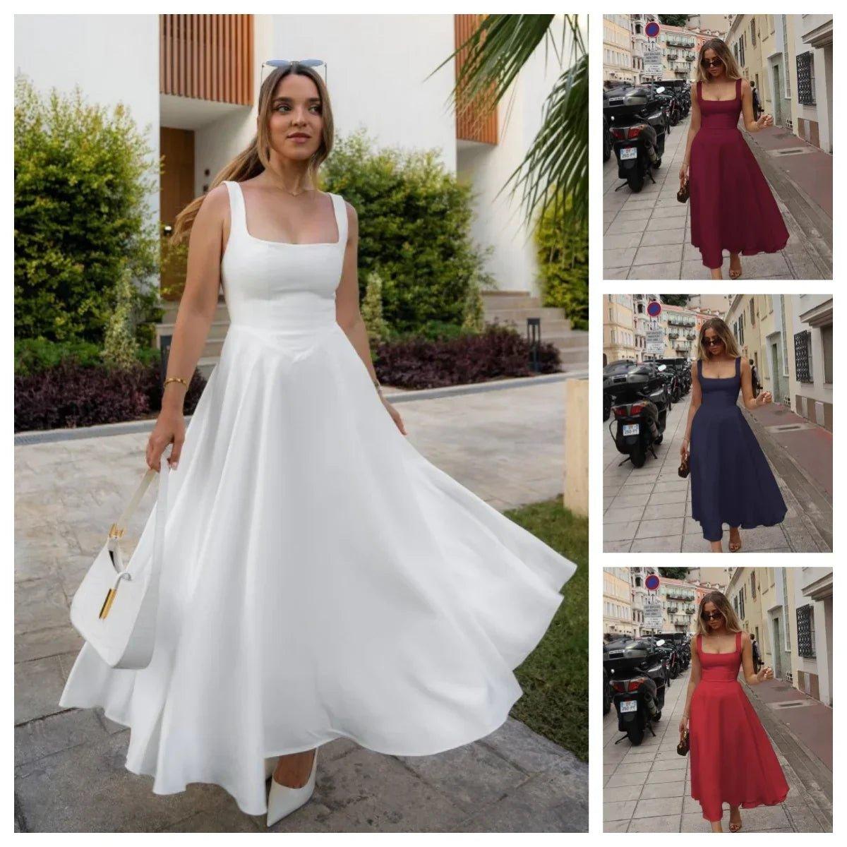 Elegant women's midi dresses in white, burgundy, navy, and red — stylish square neck, flowy A-line designs for fashion lovers
