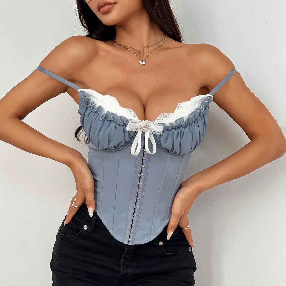 Blue lace corset top with off-shoulder straps, white bow, and front lacing for women's fashion