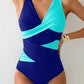 Blue and turquoise color-block one-piece swimsuit with V-neck and ruched design for women's fashion