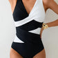 Black and white color block one-piece swimsuit with wrap front design for women's fashion